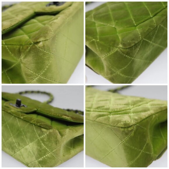 CHANEL Mini Matelasse 20 Single Flap Chain Bag Velor Green CC Auth 115601A - Picture 14 of 16
